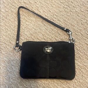 Coach Black Leather Wristlet with Metallic Embellishment